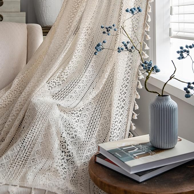 Sutuo Home Boho Curtains 120 inches for Bedroom Living Room Patio Doorway, Crochet Lace Sheer Bohemian Extra Long with Tassels,Window Treatment Drape, Single 1 Panel 59" W x 120" L, Beige
