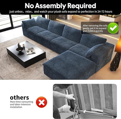 157.5" L Shaped Modern Sofa Modular Sectional Cloud Couch with Ottoman,Deep Seat Upholstered Couches with Corduroy Fabric for Living Room Furniture,Bedroom and Apartment,No Assembly Required,Blue