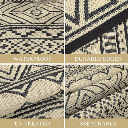 GAOMON Outdoor Rug for Patio Clearance 5x8 Reversible Plastic Straw Patio Rug for Camping Stain & UV Resistant RV Mats for Porch, Deck, Backyard, Camper, Balcony, Picnic, Black&Brown