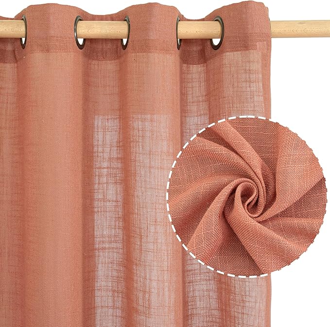 LAMIT Linen Sheer Curtains 95 inch for Living Room, Soft Thick Light Filtering Boho Window Textured Neutral Drapes with Bronze Grommet for Bedroom/Farmhouse, 2 Panels, 52 x 95 Inch, Terracotta