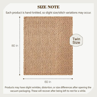 Carriediosa Chunky Knit Throw Blanket 60" X 80" Twin, 100% Hand Made Large Chenille Loop Yarn Soft Fluffy Throws for Couch Sofa Bed, Big Crochet Cozy Heavy Thick Cable Woven Blankets, Tan Brown