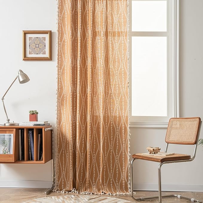 Sutuo Home Boho Curtains 63 Inches Length for Kitchen Bedroom, Printed Cotton Linen Rod Pocket Rustic Farmhouse Bohemian Tassels Window Treatment, 1 Panel 59" W x 63" L, Terracotta Stripe Florals