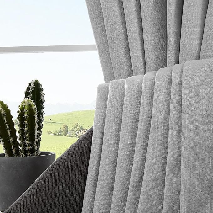 Joydeco Linen Curtains for Living Room,Light Filtering Rod Pocket Back Tab Semi Sheer Drapes Window Long Curtains 120 inches Long Ebony Grey