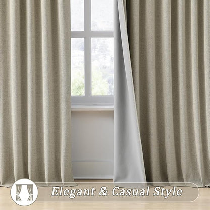 RAIN CITY Light Taupe Blackout Linen Blend Curtains 2 Panels,70 Wide Back Tab Pinch Pleated Look Window Drapes with Hooks,Track System Curtain Panels for Sliding Door Modern Farmhouse 70x90 Inch