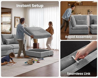 Oversized Modular Sofa, Extra Deep Cloud Chenille Sectional Couch with Ottoman Chaise, Fluffy Chenille Corner V Shape Sofa for Living Room, Villa (Corner V Shape+Ottoman, Chenille Grey)
