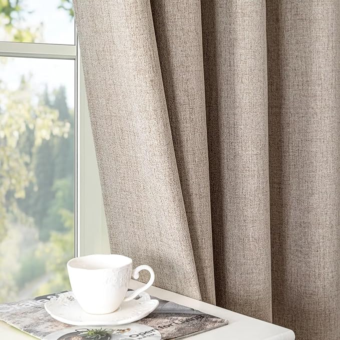 Linen Curtains 90 Inch Length 2 Panels Set, 100% Blackout Curtains Textured Thermal Insulated, Grommet Light Blocking Drapes for Living Room Bedroom Luxury Decor(52W × 90L inch, Linen)
