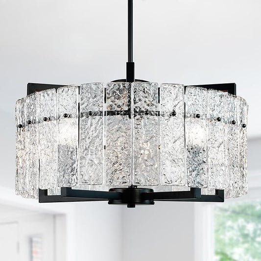 IKK Modern Black Crystal Chandeliers for Dining Room, Luxury Water Ripple Glass Light Fixture, Elegant Farmhouse Round Lighting for Kitchen Island, Bar Table, D20