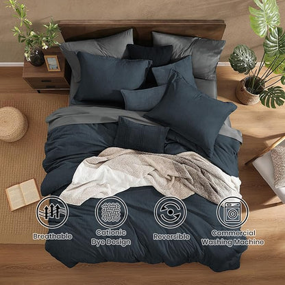 Monbix Queen Comforter Set - 7 Pieces Cationic Dyeing Navy Blue Bed in a Bag Queen Bedding Sets with Comforter, Sheets, Pillowcases & Shams, Reversible Bedding Comforters Sets