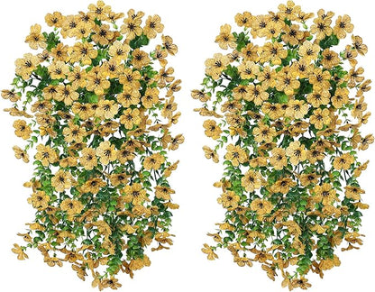INSPRING Artificial Flowers Fall Faux Outdoor Outside Plants, 2 PCS Fake Silk UV Resistant Look Real Yellow Daisy Trailing Vines for Front Door Porch Planter Urn Patio Balcony Decoration