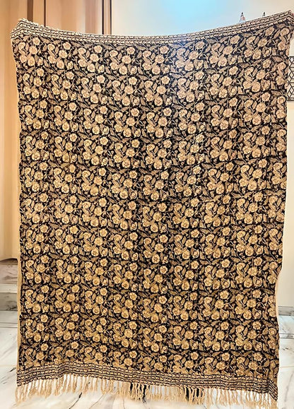 Handmade Cotton Throw Blanket 48x70 Inches | Black & Beige Floral Block Print Decorative Sofa Throw with Tassels | Large Lightweight Cotton Bedspread for Living Room, Couch, or Bedroom