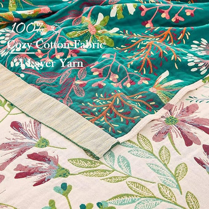 Boho Throw Blanket for Bed, 100% Cotton Soft Rustic Quilt Fall Blanket, 90"x98" Floral Printed Farmhouse Decor Bed Blankets, All Season Rustic Reversible Bohemian Throw Quilt