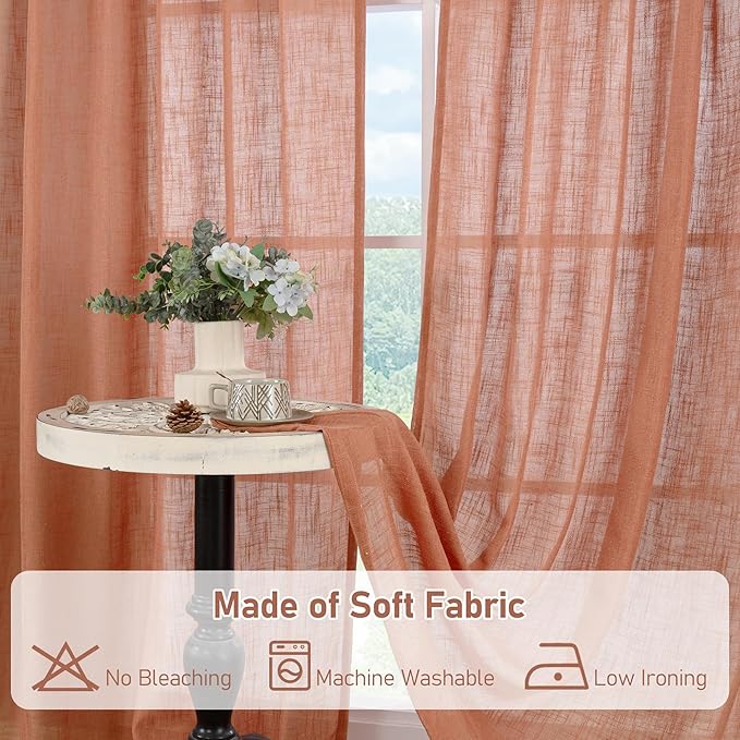 LAMIT Light Filtering Linen Curtains 54 inches Long for Bedroom, Linen Textured Semi Sheer Bronze Grommet Boho Drapes for Living Room, Terracotta, 2 Panels, 52 x 54 Inch