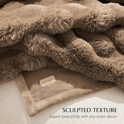 EVERGRACE Ultra Soft Luxury Fluffy Ridgeline Faux Rabbit Fur Throw Blanket, Thick Warm Fuzzy Blankets for Bed, Cozy Plush Reversible Blanket for Couch, Chair, Sofa, Natural Tan, 60x80 Inches, 870 GSM