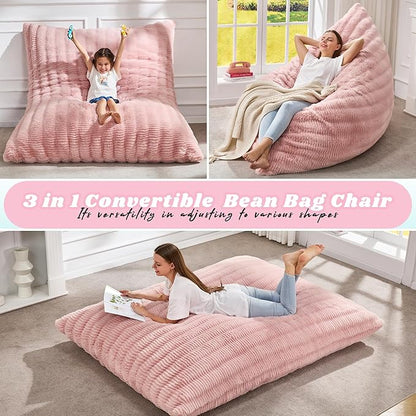 Hobestluk 3 in 1 Bean Bag Chair Giant Bean Bag Chairs for Adults with Ripple Cover Convertible Bean Bag Floor Cushion with Machine Washable Cover for Living Room (Ripple Pink)
