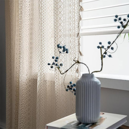 Sutuo Home Boho Curtains Crochet Lace Sheer Bohemian Stylish with Tassels, Window Treatment Privacy Vintage Rustic Farmhouse Drapes for Bedroom Living Room, Rod Pocket 1 Panel 59" W x 102" L, Beige
