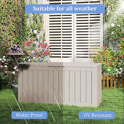 90 Gallon Lockable Resin Deck Box with Wheels, Waterproof & UV-Resistant Outdoor Storage Box for Outdoor Cushion Storage, Garden Tools & Pool Accessories Storage, Gray