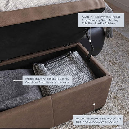 BELLEZE 47 Inch Storage Ottoman, Faux Leather Storage Bench Bedroom Bench with Safety Close Hinge, Ottoman with Storage for Living Room, Entryway, Hallway, Foot Rest, Support 300lbs - Rustic Brown