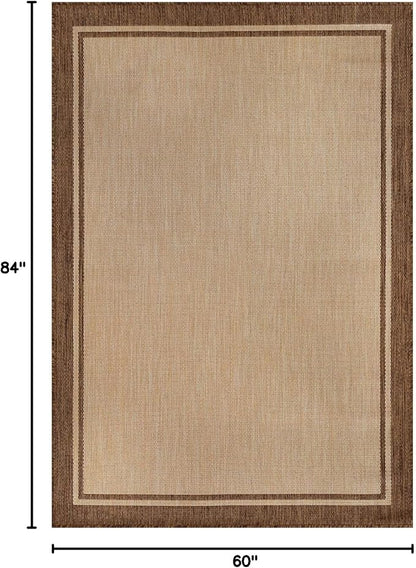 CAMILSON Outdoor Rug 5x7 Bordered Natural Brown Modern Area Rugs for Indoor and Outdoor Patios, Kitchen and Hallway Mats, Washable Porch Deck Outside Carpet (Border Jute, 5 x 7)
