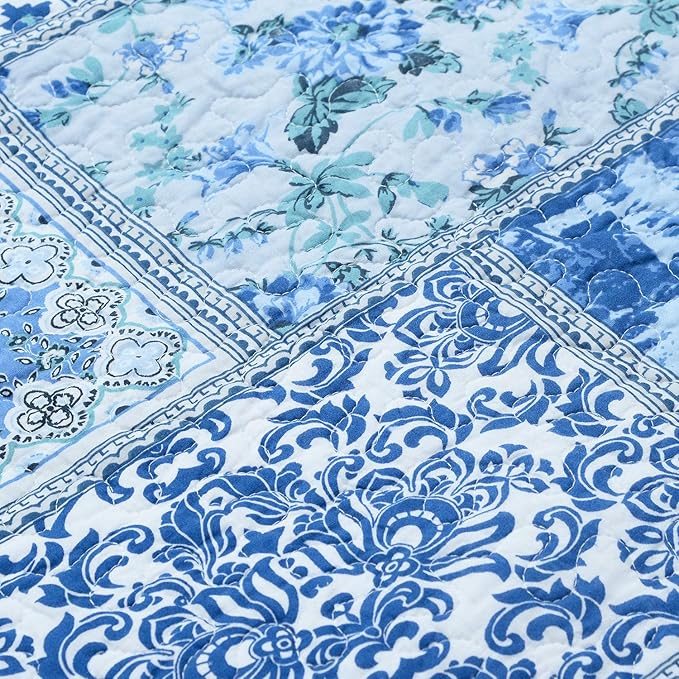 NEWLAKE Quilted Cotton Bed Pillowcases, Blue Classic Bohemian Pattern, 2 Pieces, 20x27 Inch
