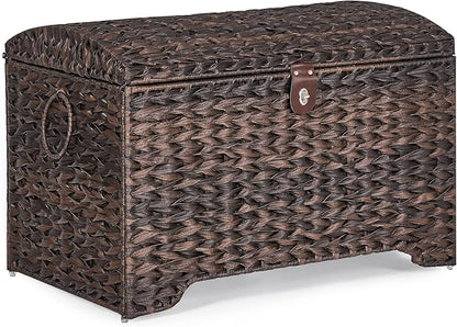 Handwoven Storage Basket with Lid, 178L Plastic Rattan Storage Bin, Leather Buckle & Metal Frame, Large Metal Ring Handles, Storage Trunk for Bedroom, Laundry Room