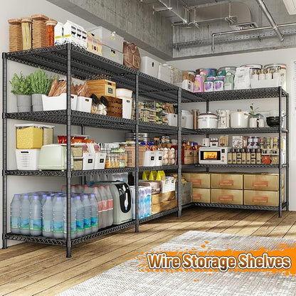 REIBII 81.5''W Storage Shelves 3680LBS Garage Shelving Heavy Duty 4 Tier Metal Shelving Unit Adjustable Wire Shelf and Storage Pantry Shelves for Kitchen Garage，81.5Wx23.62Dx70.86H，Black