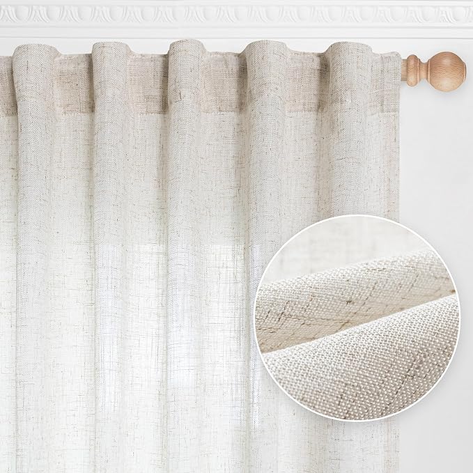 MYSKY HOME Linen Curtains for Sliding Glass Door, Back Tab Semi Sheer Curtain Panels Extra Long Floor Length Drapes Linen Texture Soft Touch Country Curtains, 50x120 Inch, Linen, Set of 2