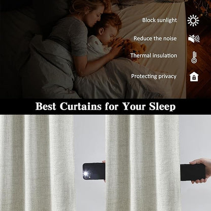 RAIN CITY Linen Blend Blackout Curtains 108 Inch Long 2 Panels Set,Back Tab Track System Curtains for Living Room Floor to Ceiling Length 9 FT Extra Long Light Blocking Pleated Window Drapes,Natural