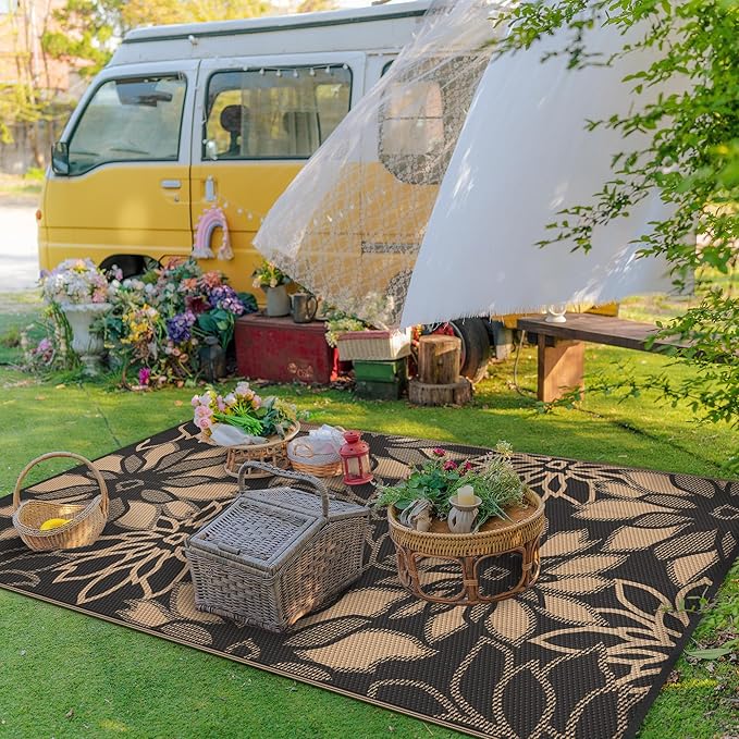 GENIMO Outdoor Rug Waterproof for Patio Decor, 9' x 12' Reversible Plastic Straw Floral Camping Carpet, Large Area Rugs Mats for RV, Camper, Deck, Balcony, Porch, Beach, Picnic, Black & Brown