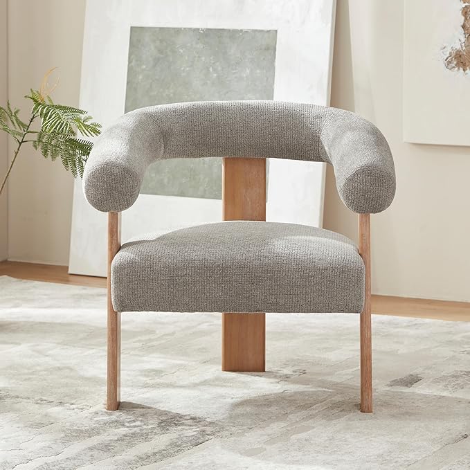 VKNOW Accent Chair Living Room Chair Set of 2, Modern Upholstered Armchair with Solid Wood Legs, Comfy Barrel Arm Chairs for Living Room Bedroom, Light Grey