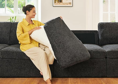 HONBAY Grey Chenille Fabric Modular Sectional Sofa with Storage, U Shaped Sectional Couch for Living Room, 111.10W x 66.20D x 35.40H inches