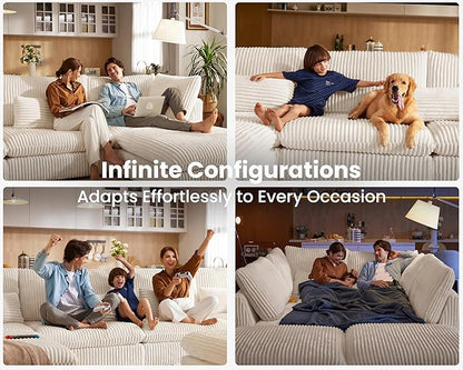 Oversized Modular Sofa, Extra Deep Cloud Corduroy Sectional Couch with Ottoman Chaise, Fluffy Chenille 6 Seat U-Shaped Sofa for Living Room, Villa (U Shape 6 Seater, Corduroy White)