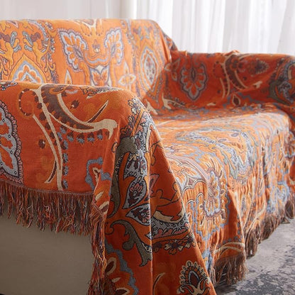 Boho Throw Blanket for Couch Sofa Bed, 100% Cotton Woven Quilt with Tassel 80”x90”, Super Soft Muslin Blanket with Oriental Universe Printed, Decorative Reversible Bed Blanket/Cover for All Seasons
