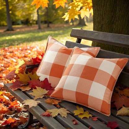 decorUhome Fall Orange and White Decorative Throw Pillow Covers 22x22 Set of 2, Buffalo Plaid Check Farmhouse Cushion Covers with Stitched Edge for Autumn Harvest Couch Sofa Bed Home Decor