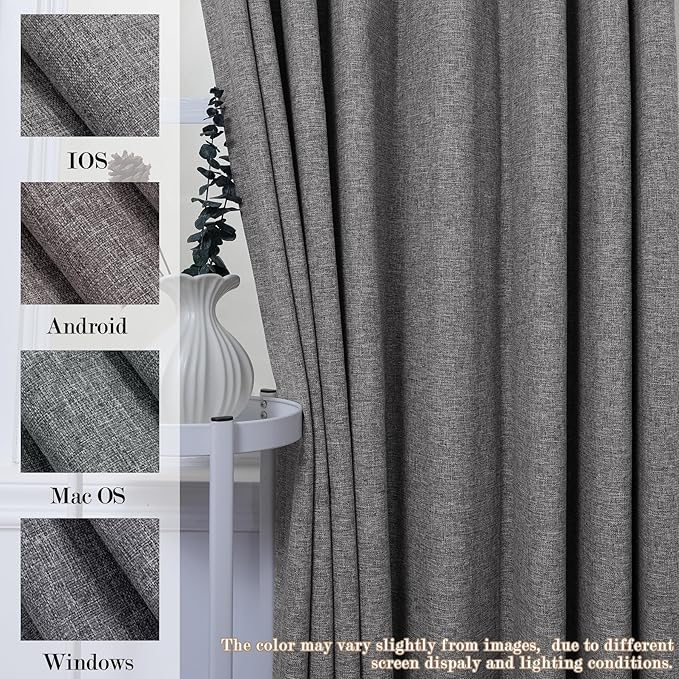 Extra Wide 100% Blackout Linen Textured Curtains - Room Dividers, W200 x L84 (1 Panel), Pinch Pleat Drapes for Living Room, Full Light Block Out Drapery for Sliding Door, Gray