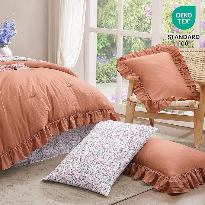 Full Comforter Set - 7 Pieces Ruffle Autumn Leaf Bedding Sets, Shabby Chic Farmhouse Bed in a Bag Full with Ruffle Comforter, Floral Sheets, Pillowcases & Shams