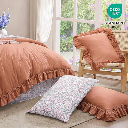 Queen Comforter Set - 7 Pieces Ruffle Autumn Leaf Bedding Sets, Shabby Chic Farmhouse Bed in a Bag Queen with Ruffle Comforter, Floral Sheets, Pillowcases & Shams
