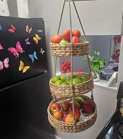Generic HANFRUBASK - Hanging Fruit Basket Set of 3, Woven Water Hyacinth, Round, Beige, Rustic, Kitchen Storage & Organization