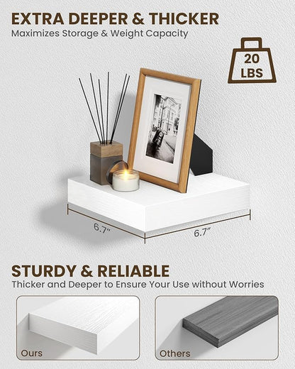 Marsmiles 6.7" Floating Shelves for Wall, Wooden Shelves with Invisible Brackets Set of 2, Rustic Farmhouse Wall Mounted Shelf for Kitchen Bathroom Living Room Study, White