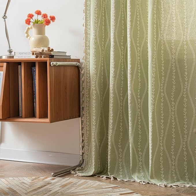 Sutuo Home Boho Curtains 96 Inches Long for Bedroom Living Room Nursery Patio, Bohemian Tassels Country Window Treatment Drape for Christmas Decorations, 1 Panel 59" W x 96" L,Green Stripe Floral