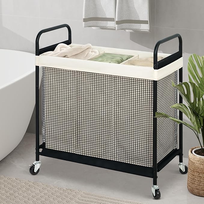 STO STO Laundry Hamper 3 Section, 120L Rolling Laundry Sorter Cart with Removable and Washable Liner Bag, Rolling Clothes Hamper with Metal Handle for Laundry Room and Bedroom