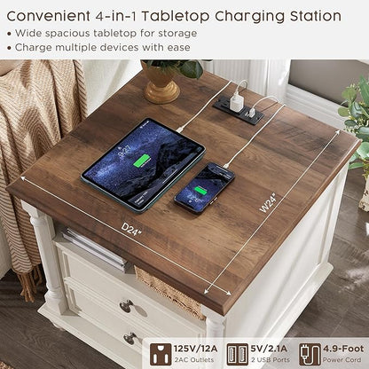 T4TREAM 24'' Farmhouse End Table w/4 Solid Wood Feet, Large 2 Drawers Wide Sofa Side Table with Charging Station, Tall Rustic Wood Square Nightstand for Living Room, Bedroom, Office, Antique White