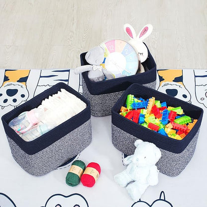 MINTWOOD Design 3-Pack Storage Baskets for Shelves, Playroom and Classroom, Book Basket, Decorative Storage Cube Bins, Woven Closet Organizers, Pantry and Shoe Organizer, Navy Blue