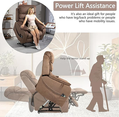 Power Lift Recliner Chair for Adults Elderly Lay Flat Velvet Recliners with Massage Heating, Extended Footrest, Wireless Charging Device, USB Ports, Cup Holder, Lumbar Pillow
