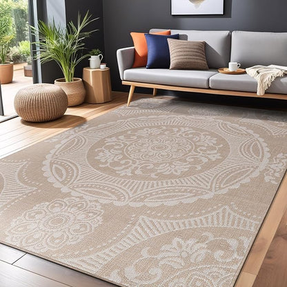 Medallion Outdoor Rug 8x10 Washable Outside Carpet for Indoor Patio Porch Waterproof Easy Cleaning Non Shedding Area Rugs Beige 8 x 10