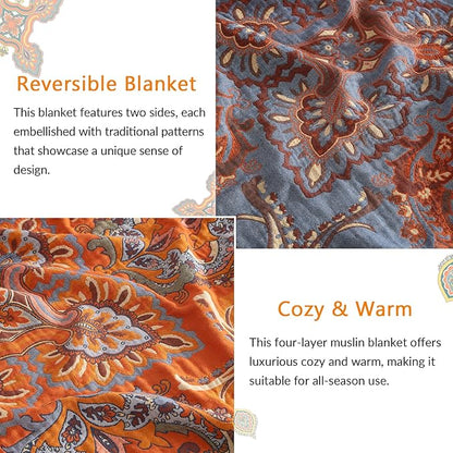 Boho Throw Blanket for Couch Sofa Bed, 100% Cotton Woven Quilt with Tassel 60”x80”, Super Soft Muslin Blanket with Oriental Universe Printed, Decorative Reversible Bed Blanket/Cover for All Seasons