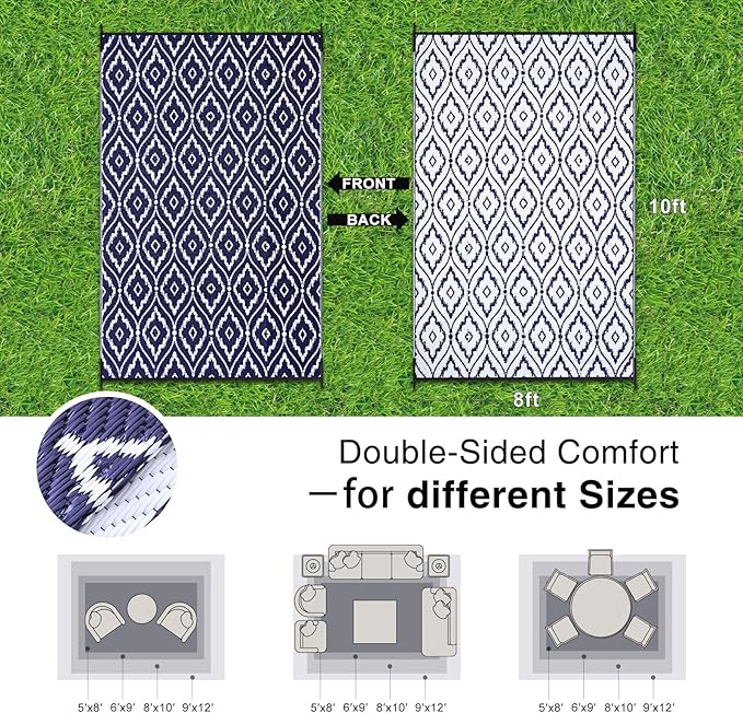 OLANLY Outdoor Rug 8x10 ft Waterproof, Outdoor Plastic Straw Rug with Geometric Pattern Clearance, Reversible RV Mat for Patio, Camping, Balcony, Deck, Backyard, Navy & White