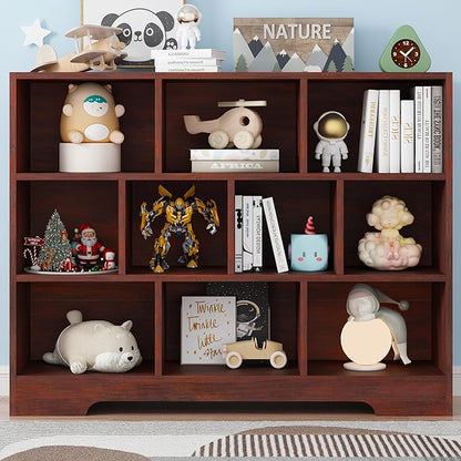 Book Shelf, 10 Cubes Storage Organizer, 3-Tier Open Shelf Wooden Bookcase, Freestanding Cherry Bookshelf Cube Shelf for Living Room