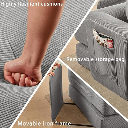 107" Oversized Convertible Sleeper Sofa Bed, Corduroy L Shape Sectional Couch, Folding Sofa Bed with Side Pocket, Modern Cloud Floor Mattress Couch, Modular Sofa for Living Room, Grey