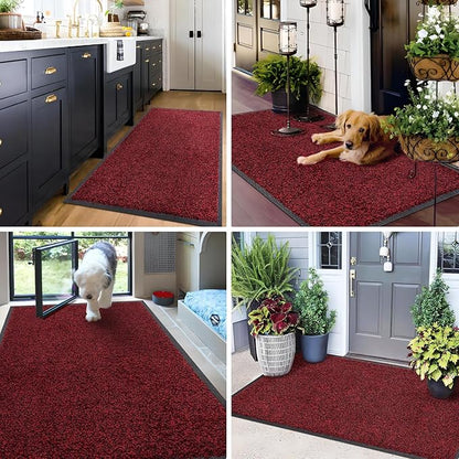 Mibao Front Door Mat, Dirt Trapper Welcome Mat for Outdoor Indoor, Non-Slip Waterproof Doormat, Durable Machine Washable Low Profile Entry Rug for Back Door Outside Patio Porch, 60" x 36", Red