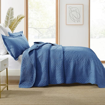 MarCielo 3-Piece 100% Cotton Oversized Bedspread Lightweight Quilt Coverlet Embroidery Farmhouse Bedding Set (Tf Midtone Blue, Oversized Queen (100"x106"))